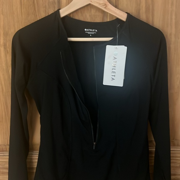 Athleta L black Cortes long sleeve black one piece swimsuit quick dry rashguard - Picture 2 of 3